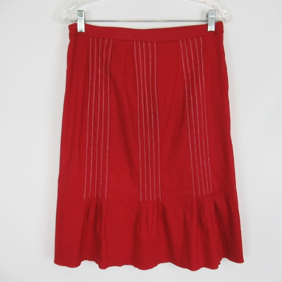 INSIGHT Red Embroidered Ruffled Pleated Hem Skirt Knee Length Women’s Size 6 - Picture 6 of 11